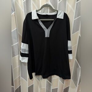 BloomChic Black and White Striped-Collar 3/4 Sleeve Top